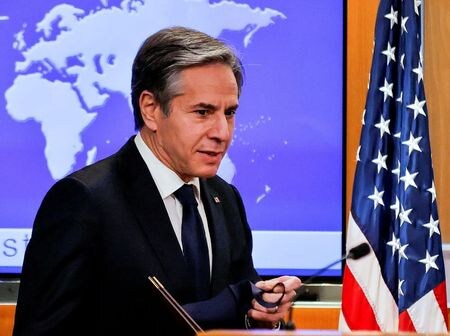 　ブリンケン米国務長官（写真）は、韓国の鄭義溶外相と電話会談を行い、朝鮮半島非核化への決意を再確認した。１月ワシントンで撮影（２０２１年　ロイター/Carlos Barria）