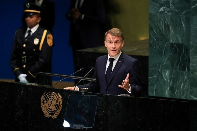 写真はニューヨークの国連本部で演説するフランスのマクロン大統領。２０２６年９月２２日撮影。REUTERS/Brendan McDermid