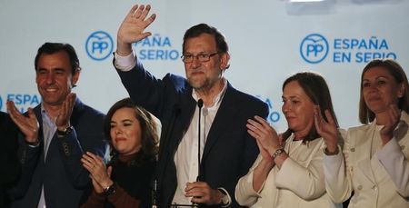Spain\'s Prime Minister and People\'s Party (PP) candidate Mariano Rajoy waves to supporters from a balcony at the party headquarters flanked by fellow party members and his wife Elvira Fernandez (2nd R) after results were announced in Spain\'s general elect