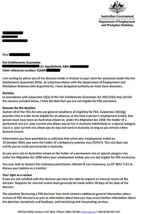 ワーホリ労働者はFEGの保護の対象外と通達するオーストラリア政府による書類