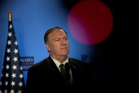 ポンペオ米国務長官は７日、イランのウラン濃縮再開が懸念を高めており、イラン政府に対する圧力を強化すべきと述べた。ブリュッセルで１０月代表撮影（２０１９年　ロイター）