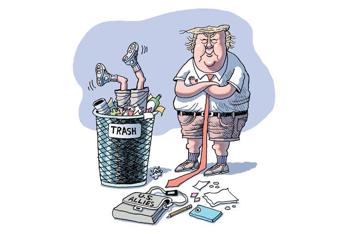 TRASH＝ごみ箱、U.S. ALLIES＝アメリカの同盟国　ILLUSTRATION BY ROB ROGERS FOR NEWSWEEK JAPAN