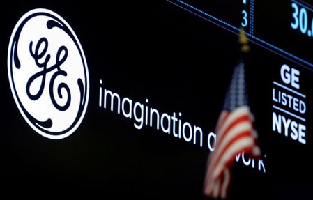 　１１月１３日、米ゼネラル・エレクトリック（ＧＥ）は、２０１８年の調整後１株利益見通しを１ー１．０７ドルとし、従来の２ドルから下方修正した。写真は同社のロゴ。ＮＹ証券取引所で昨年６月撮影（２０１７年　ロイター/Brendan McDermid）