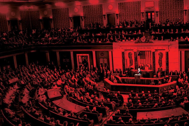 果たしてトランプは上院で裁かれるのか（写真は今年2月5日の上下両院合同議会で一般教書演説をするトランプ）　AL DRAGO-BLOOMBERG/GETTY IMAGES