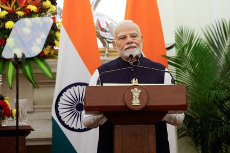 　２月３日、トランプ米大統領はインドのモディ首相（写真）に対し、来週のホワイトハウス訪問を招請した。写真はインドのニューデリーで昨年１０月撮影（２０２５　ロイター／Adnan Abidi）