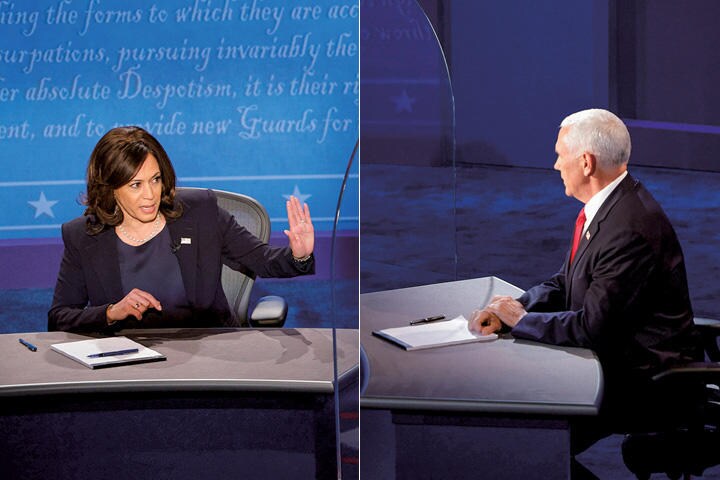 ハリス（左）もペンスも相手の質問を巧妙にかわす場面が少なくなかった　BRIAN SNYDAR-REUTERS