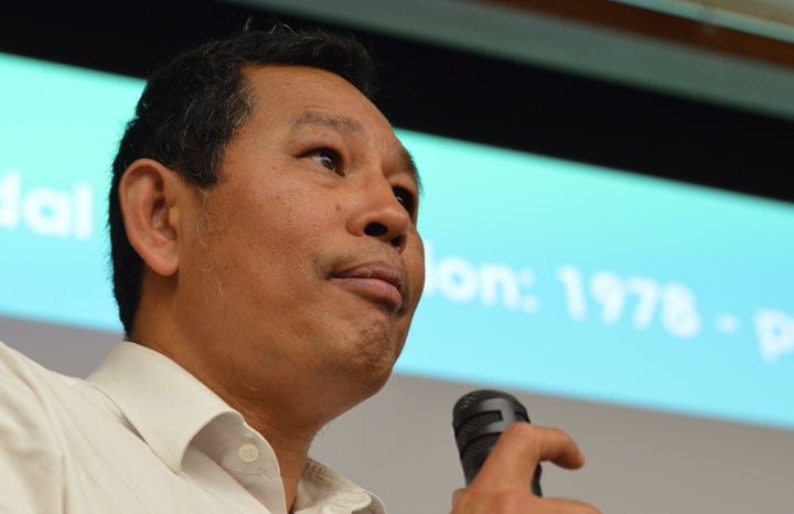 日本が主導的な役割を果たすべきだと語るモンザルニ（2018年10月、学習院大学での講演）　Yusuke Maekawa-NEWSWEEK JAPAN