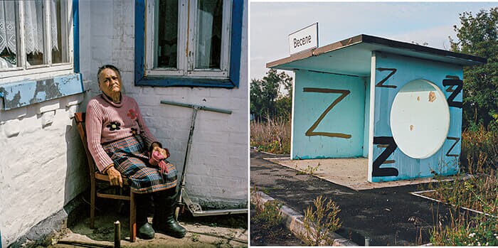 バス停にロシア軍が残した「Z」の文字／ロシア軍の占領から解放された東部アンドリーウカで自宅前に腰かける81歳の盲目の女性（5月）