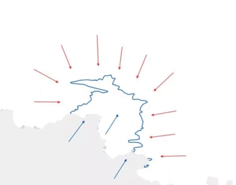 攻めるロシア軍（赤）、押し返すウクライナ軍（青）、クルスク攻防のイメージ　newsweek