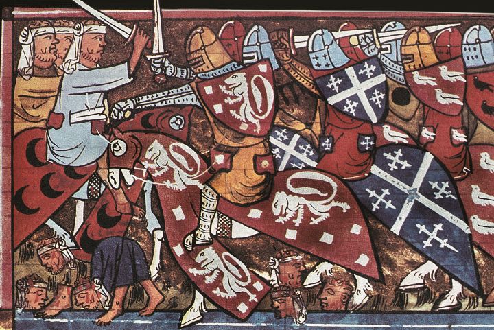 第1回十字軍（1096～99年）の戦士とイスラム教徒の戦闘を描いた14世紀フランスの絵画　FOTOTECA GILARDI/GETTY IMAGES