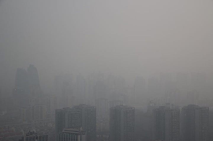 １月９日、中国の首都北京は、大気の浄化や大気汚染源に対する取り締まり強化の一環として、環境規則の違反摘発に特化した警察部隊を創設する。写真はスモッグに覆われる北京のビル群。６日撮影（２０１７年　ロイター）