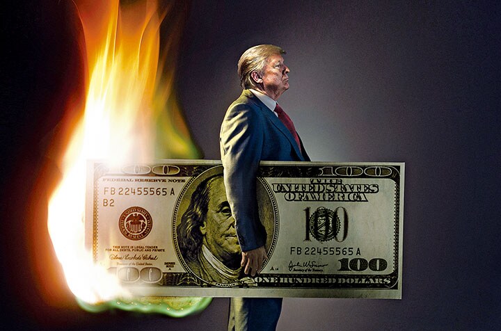 「建国以来最高の好景気」を自画自賛し続けるトランプだが……　PHOTO ILLUSTRATION BY CJ BURTON. SOURCE PHOTO: C.J. BURTONーCORBIS／GETTY IMAGES, WIN MCNAMEE／GETTY IMAGES (TRUMP\'S FACE)