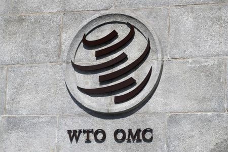 FILE PHOTO: A logo is pictured on the headquarters of the World Trade Organization (WTO) in Geneva, Switzerland, June 2, 2020. REUTERS/Denis Balibouse/File Photo