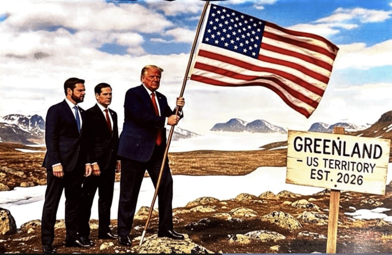 グリーンランドに星条旗を立てるトランプのイメージ（トランプの「トゥルース・ソーシャル」アカウント@realDonaldTrumpより）