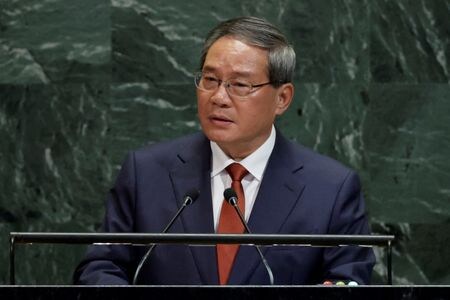 １０月７日、北朝鮮国営の朝鮮中央通信社（ＫＣＮＡ）は中国の李強首相（ロイター）を団長とする代表団が訪朝し、１０日に開催される北朝鮮の朝鮮労働党創建８０周年記念式典に出席すると報じた。国連で9月撮影（２０２５年　ロイター/Jeenah Moon）
