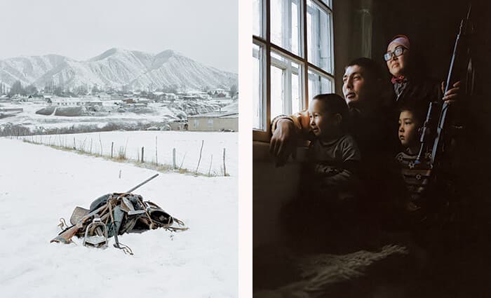 ヌルズバイが所有するライフルとくらは、3世代にわたって受け継がれた手製のもの。オットゥクのような村の住民が使うライフルや乗馬の用具はほとんどが手製だ(2021年)<左>、オットゥクで暮らすルスラン(35)と家族。彼は10代から狩りを始め、今は各地の村を回って家畜を襲うオオカミを駆除している。報酬は羊や馬で支払われる(2021年)<右>