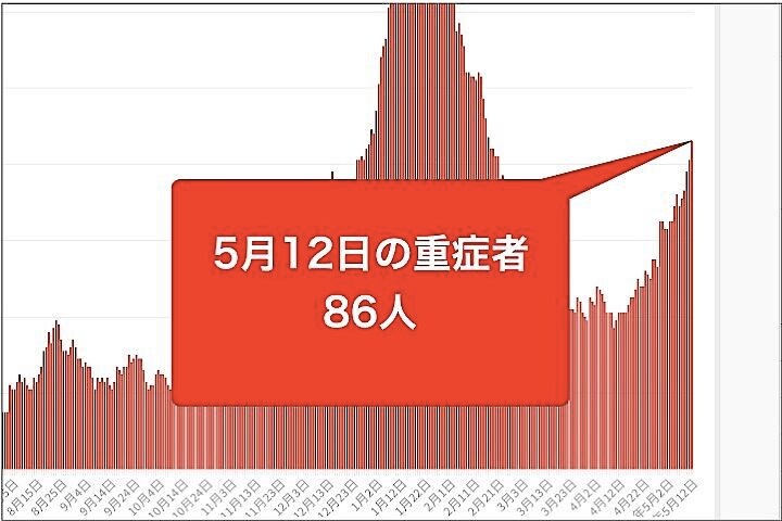 東京都は5月12日、都内で新たに969人の新型コロナウイルス陽性者が確認されたと発表した。グラフは重症患者数の推移。