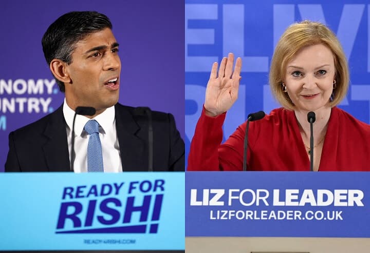 英保守党党首選の決選投票にはインド系のスナク前外務相（左）とトラス外相の2人が進むことに　FROM LEFT:Henry Nicholls-REUTERS, Toby Melville-REUTERS