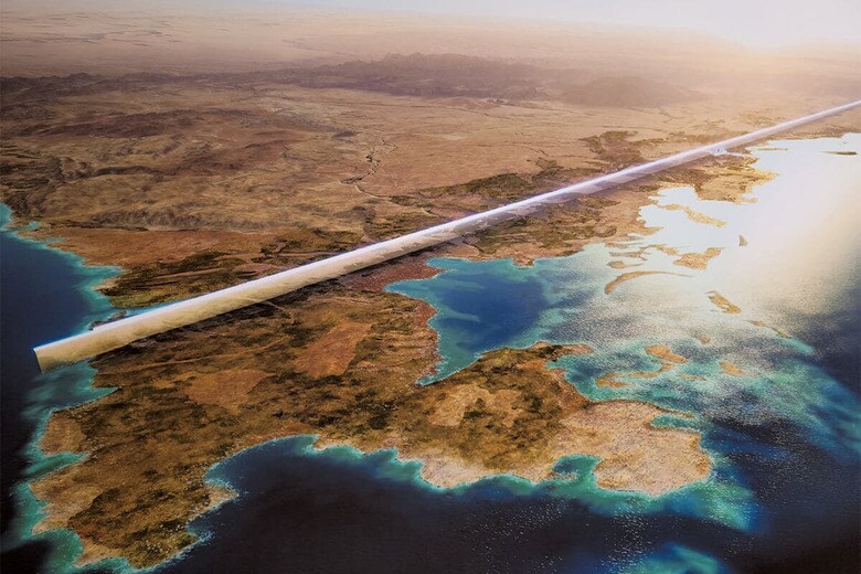 「ザ・ライン」の完成予想図。巨大な壁に挟まれた幅200メートルの都市が170キロにわたって伸びている　CHOI YURIM/SHUTTERSTOCK