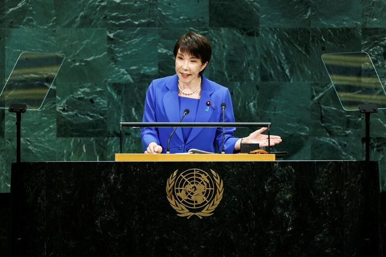 第８１回国連総会で演説する高市早苗首相。９月２２日、米ニューヨークの国連本部で撮影（２０２６年を行った。ロイター/Eduardo Munoz）
