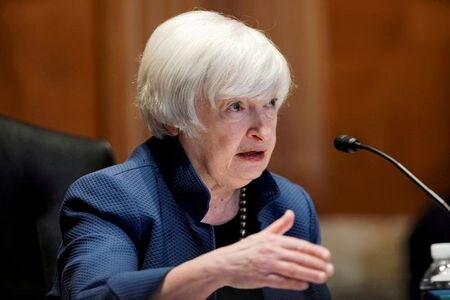 米財務省は２５日、イエレン財務長官が中国の劉鶴副首相とオンライン会談を行い、「懸念事項を率直に提起した」と発表した。写真は６月２３日、米ワシントンの連邦議会で撮影（２０２１年　代表撮影）