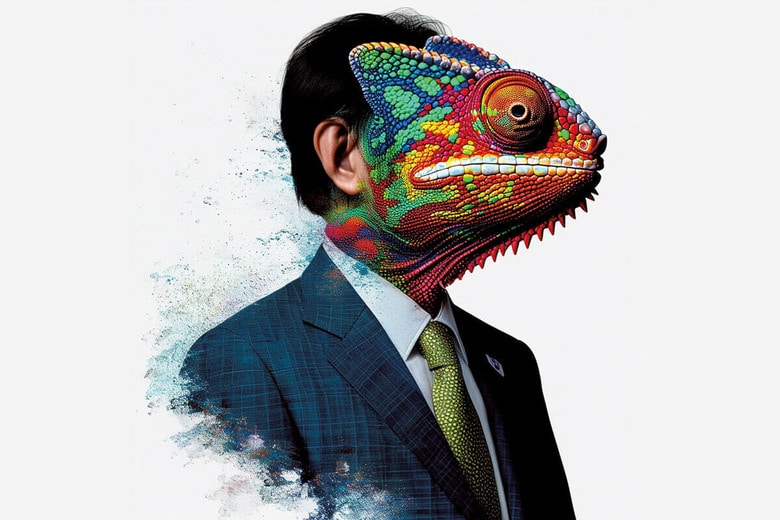 <strong>今回のAIイラスト：</strong>自民党は「カメレオン首相」なら、誰でもいい？　AI GENERATED ART BY NEWSWEEK JAPAN VIA STABLE DIFFUSION