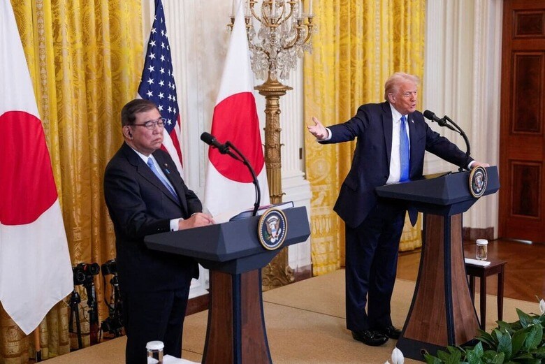 首脳会談後の会見でトランプ政策への共感を示した石破首相　Kent Nishimura-REUTERS