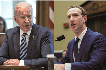 バイデン（左）の影響力はザッカーバーグに遠く及ばない？　FROM LEFT: AL DRAGOーBLOOMBERG／GETTY IMAGES, YASIN OZTURKーANADOLU AGENCY／GETTY IMAGES