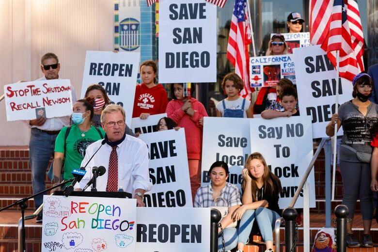 米国では新型コロナウイルスの新規感染者が再び急増しており、都市や地方で新たな行動制限を導入する動きが広がっている。写真はカリフォルニア州サンディエゴで、ビジネス活動の制限に抗議する人々。16日撮影（2020年　ロイター/Mike Blake）