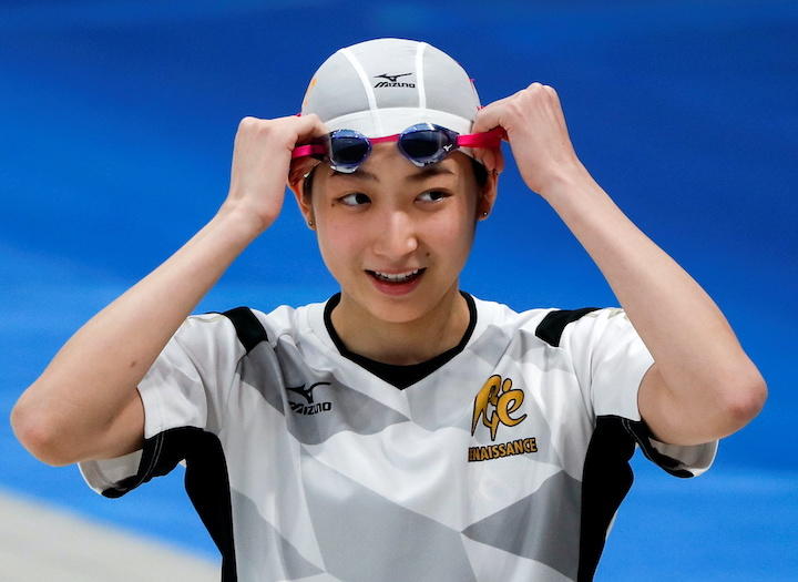 東京五輪水泳会場の披露式典に参加した池江選手（2020年10月24日、東京都江東区）　Issei Kato-REUTERS