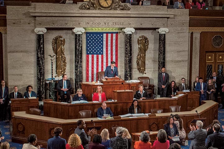 United States Representative Mike Johnson (Republican of Louisiana) addresses the chamber as he is elected Speaker of the House in the House Chamber in the Capitol on Wednesday, October 25, 2023. Credit: Annabelle Gordon / CNP/Sipa USANo Use Germany.