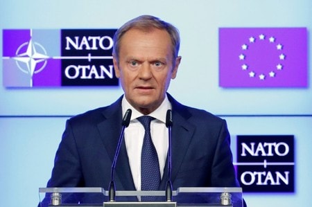 　７月１０日、欧州連合のトゥスク大統領（写真）は今週開かれる北大西洋条約機構（ＮＡＴＯ）首脳会議を前に防衛支出を巡り同盟国を批判するトランプ米大統領に対し、そうした行為をやめるよう訴えた（２０１８年　ロイター/Francois Lenoir）