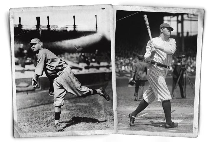 ベーブ・ルースはレッドソックス時代は二刀流選手だったが（写真左、1918年）、ヤンキース移籍後は打者一本に（右、1922年）　BRUCE BENNETT STUDIOS/GETTY IMAGES (LEFT), BETTMANN/GETTY IMAGES