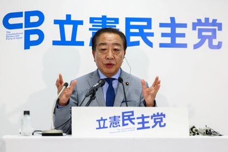 　７月２５日、立憲民主党の野田佳彦代表は与野党党首会談に出席後記者団に、日米関税交渉の合意について、米と合意文書を作らないと解釈の違いが生じるとの懸念が野党側から示されたと明らかにした。都内で２０日撮影（２０２５年　ロイター／Issei Kato）
