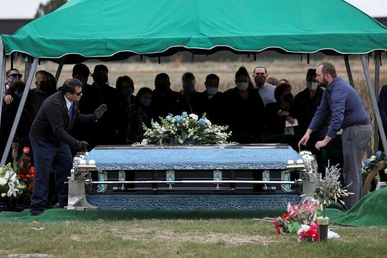 ロイターの集計によると、米国の新型コロナウイルス感染症による死者が、3万3000人を突破した。トランプ大統領はこの日、米経済の再開に向けた指針を明らかにしたが、新型コロナ感染症による米国の死者は1週間で倍増している。写真は新型コロナに感染し死亡した食品加工工場職員の棺桶を埋葬する遺族ら、コロラド州で15日撮影（2020年　ロイター/Jim Urquhart）