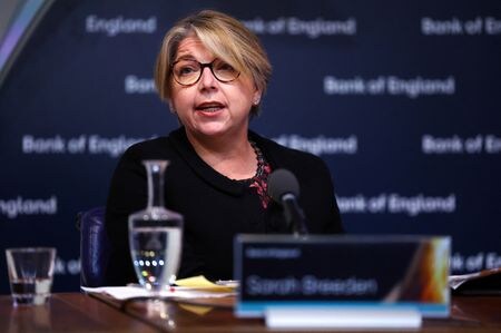 イングランド銀行（英中央銀行）のブリーデン副総裁は７日、インフレ圧力が徐々に和らぐに伴い、利上げの必要性が後退したとの見方を示した。昨年１２月撮影。（2024年　ロイター/Hannah McKay/Pool）