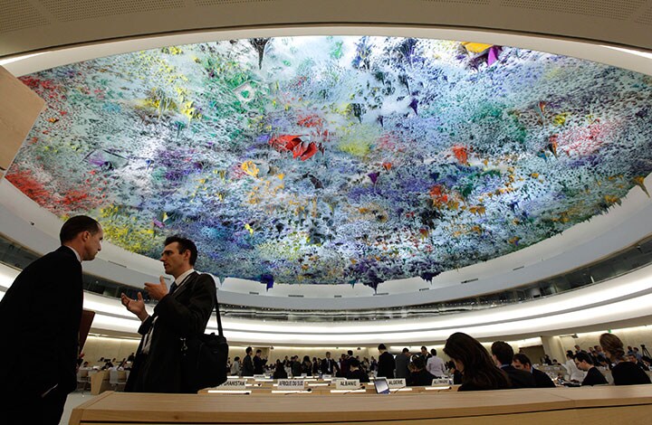 スイスのジュネーブにある国連人権理事会の会議場　Denis Balibouse-REUTERS