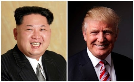 　１月２日、トランプ米大統領（右）は北朝鮮と韓国が協議を行う可能性について、見守る構えを示した。左は北朝鮮の金正恩・朝鮮労働党委員長。金氏の写真は２０１６年に朝鮮中央通信が配信したもの。トランプ氏の写真は２０１６年、ニューヨークで撮影（２０１８年　ロイター）