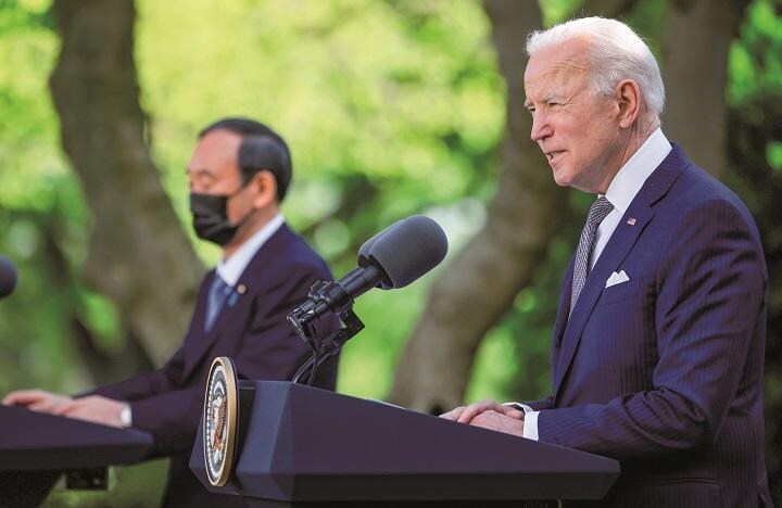 日米首脳会談を受けて発表した共同声明で約半世紀ぶりに台湾に言及した（21年4月、ワシントン）　TOM BRENNERーREUTERS