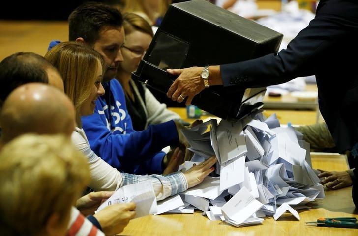 ６月８日、英総選挙（下院、定数６５０）は８日実施され、投票終了後に明らかになった出口調査によると、与党・保守党は過半数には届かない見込み。写真は集計作業（２０１７年　ロイター/Paul Childs）