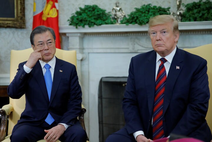 4月11日、ホワイトハウスで米韓首脳会談が行われた　Carlos Barria-REUTERS