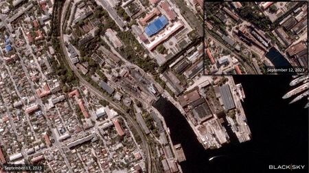 ウクライナ特殊作戦部隊は２５日、南部クリミアのセバストポリ（写真）にあるロシア黒海艦隊司令部に対する２２日の攻撃で、同艦隊のビクトル・ソコロフ司令官が死亡したと発表した。１３日撮影。提供写真（２０２３年　ロイター/BlackSky/Handout via REUTERS）