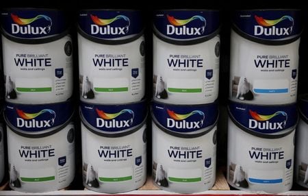 2024年6月14日、英国マンチェスターのDIY小売店の棚に並ぶ、アクゾノーベルブランドのデュラックス塗料の缶。 REUTERS/Phil Noble