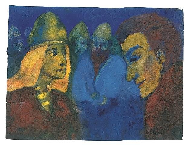 ノルデがナチスに傾倒していたと思われる時期のバイキングがモチーフのとした水彩画「女主人とよそ者」1938年　© Nolde Stiftung Seebüll, Foto: Dirk Dunkelberg, Berlin