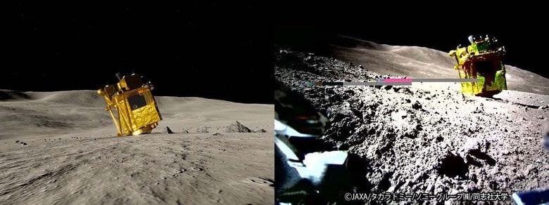 （左）推定される着陸位置及び姿勢から作成したCG画像　提供：JAXA、CG製作：三菱電機エンジニアリング　（右）LEV-2がフロントカメラで撮影した画像　ⓒJAXA/タカラトミー/ソニーグループ㈱/同志社大学
