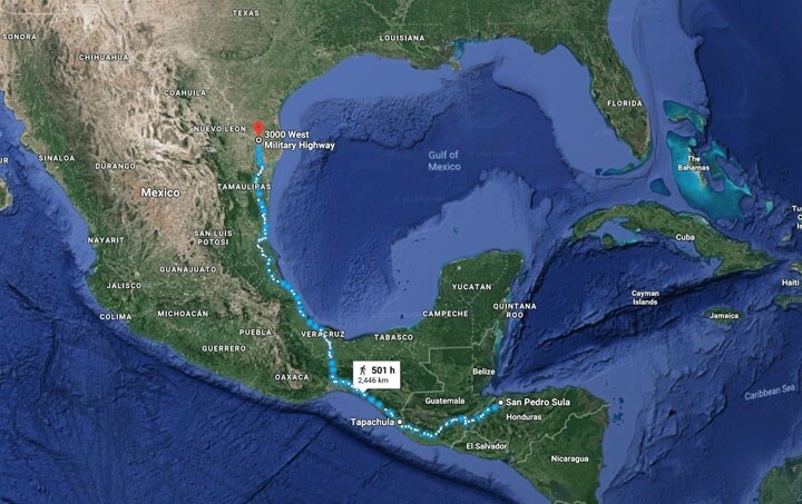 ホンジュラスから移民たちがめざすテキサス州の国境の町マッカレンまでは徒歩で501時間のルート　Google Maps/SIO/NOAA/U.S. Navy/NGA/GEBCO/Landsat/Copernicus/Data LDEO-Columbia/NSF/INEGI
