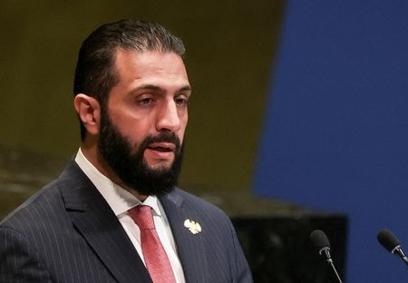 　米国のバラック・シリア担当特使は１日、シリアのシャラア暫定大統領（写真）がワシントンを訪問すると明らかにした。ニューヨークで９月撮影(２０２５年　ロイター/Shannon Stapleton)