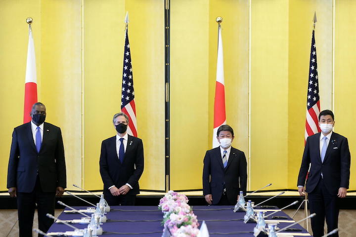 茂木外相と外交国防担当閣僚会合（2プラス2）に臨むオースティンとブリンケン（3月16日）Kiyoshi Ota/ REUTERS