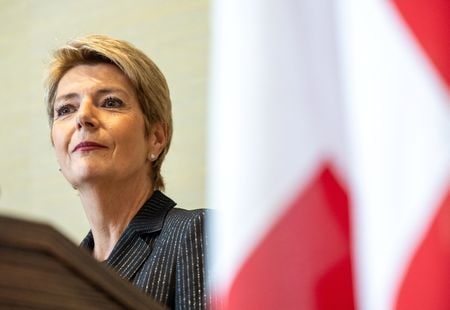 　５月２６日、スイス財務省はケラーズッター大統領（写真）が今週アイルランドを訪問し、ヒギンズ大統領やマーティン首相らとの首脳会談を実施すると発表した。写真は９日、ジュネーブで撮影（２０２５年　ロイター/Denis Balibouse）