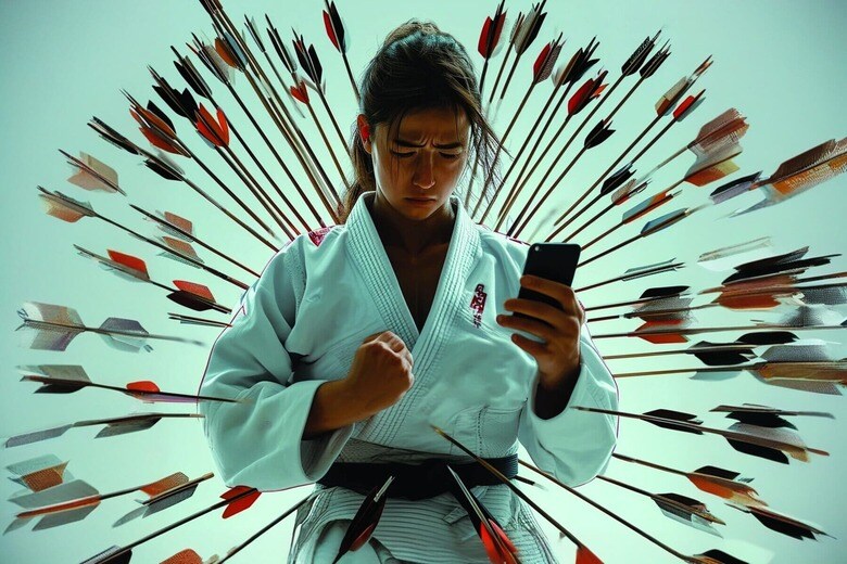 <strong>今回のAIイラスト：</strong>強靭なアスリートでも誹謗中傷の矢はこたえる　AI GENERATED ART BY NEWSWEEK JAPAN VIA STABLE DIFFUSION